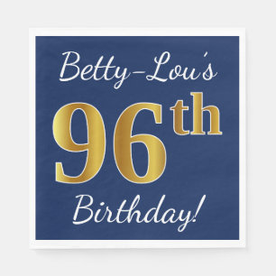 Blue, Faux Gold 96th Birthday + Custom Name Paper Napkins