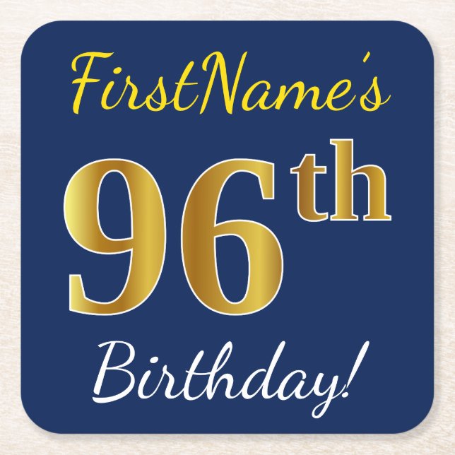 Blue, Faux Gold 96th Birthday + Custom Name Square Paper Coaster (Front)