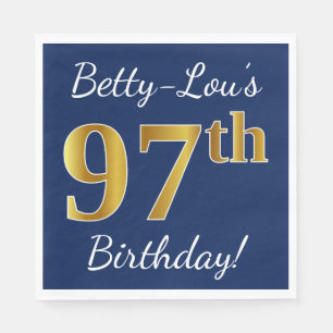 Blue, Faux Gold 97th Birthday + Custom Name Paper Napkins