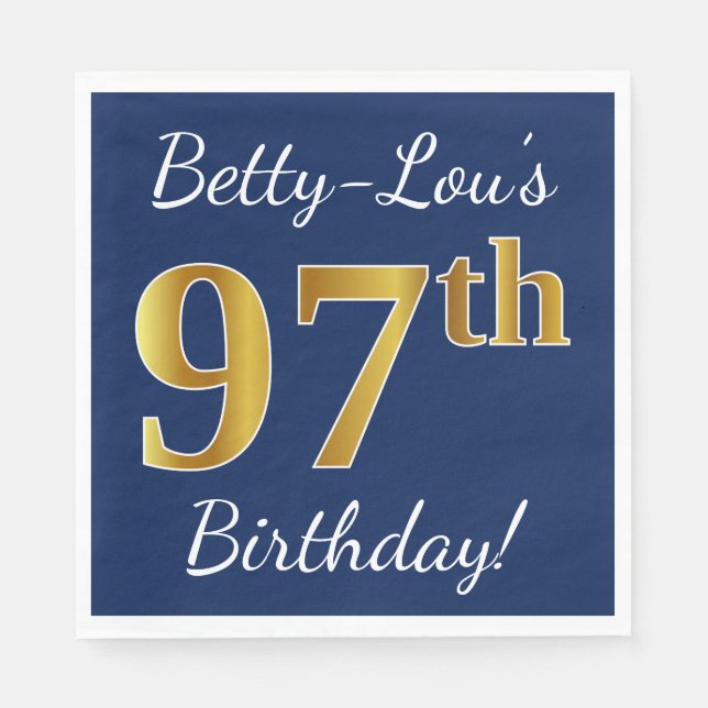 Blue, Faux Gold 97th Birthday + Custom Name Paper Napkins (Front)