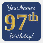 [ Thumbnail: Blue, Faux Gold 97th Birthday + Custom Name Sticker ]
