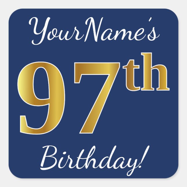 Blue, Faux Gold 97th Birthday + Custom Name Square Sticker (Front)