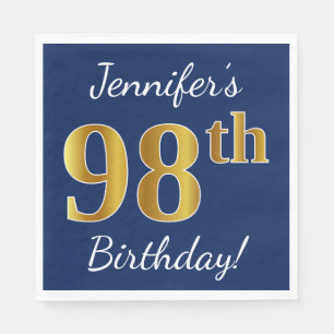 Blue, Faux Gold 98th Birthday + Custom Name Paper Napkins