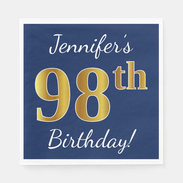 Blue, Faux Gold 98th Birthday + Custom Name Paper Napkins (Front)