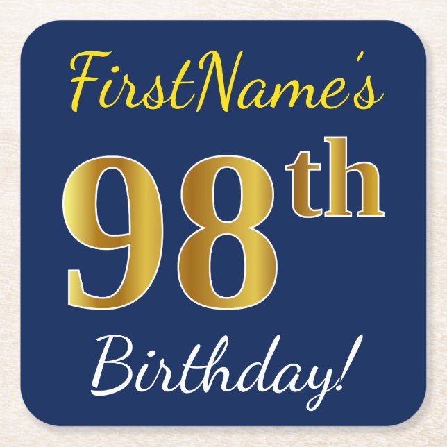 Blue, Faux Gold 98th Birthday + Custom Name Square Paper Coaster (Front)