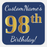[ Thumbnail: Blue, Faux Gold 98th Birthday + Custom Name Sticker ]