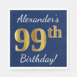 [ Thumbnail: Blue, Faux Gold 99th Birthday + Custom Name Paper Napkin ]