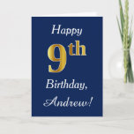 [ Thumbnail: Blue, Faux Gold 9th Birthday + Custom Name Card ]