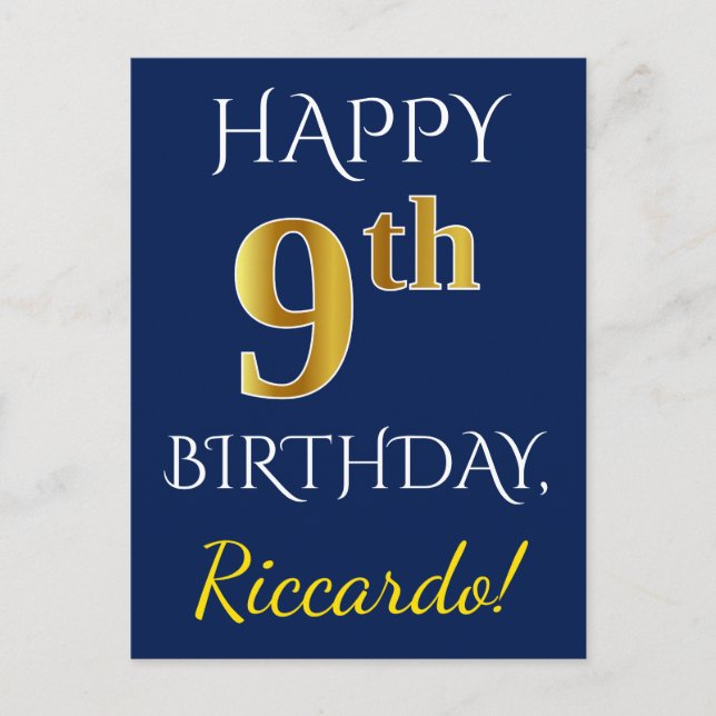 Blue, Faux Gold 9th Birthday + Custom Name Postcard (Front)