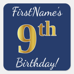 Blue, Faux Gold 9th Birthday + Custom Name Sticker