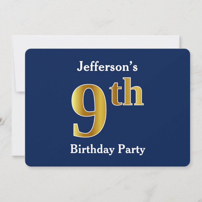 Blue, Faux Gold 9th Birthday Party + Custom Name Invitation (Front)