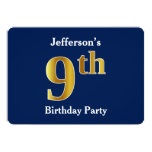[ Thumbnail: Blue, Faux Gold 9th Birthday Party + Custom Name Invitation ]