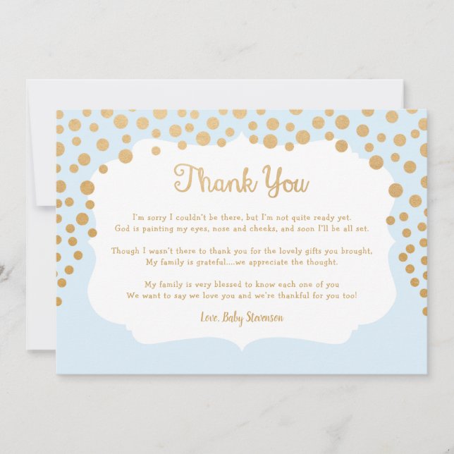 Blue faux gold boy baby shower thank you note card (Front)
