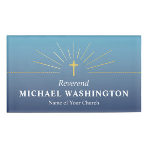 Blue Faux Gold Cross Church Clergy Name Tag