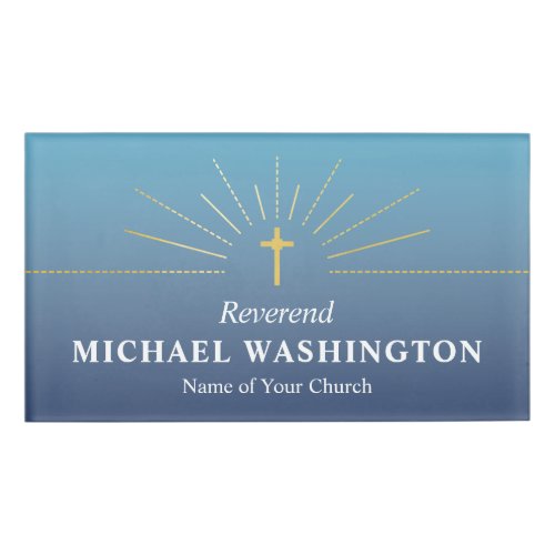 Blue Faux Gold Cross Church Clergy Name Tag