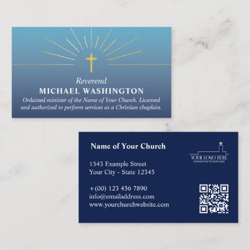 Blue Faux Gold Cross Church Logo Clergy Business Card