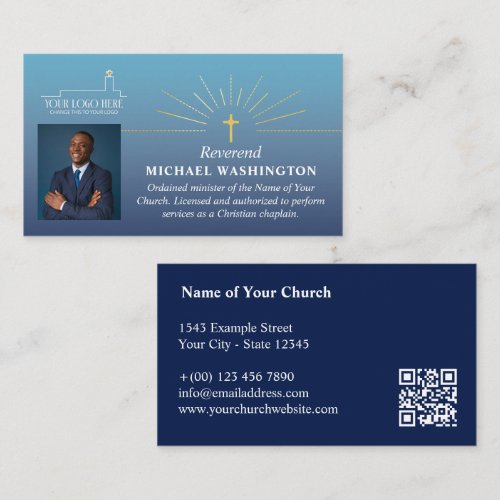 Blue Faux Gold Cross Church Logo Clergy ID Business Card