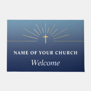 Blue Faux Gold Cross Church Welcome Doormat