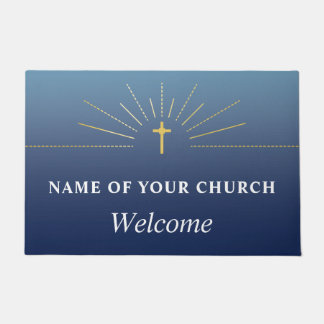 Blue Faux Gold Cross Church Welcome Doormat