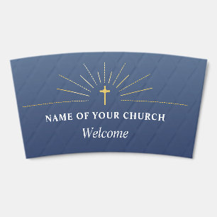 Blue Faux Gold Cross Church Welcome QR Code Coffee Cup Sleeve