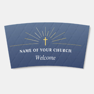 Blue Faux Gold Cross Church Welcome QR Code Coffee Cup Sleeve