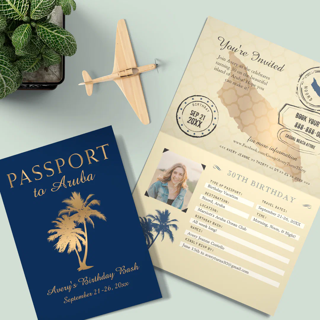 Blue Faux Gold Foil Aruba Passport Birthday Invitation
