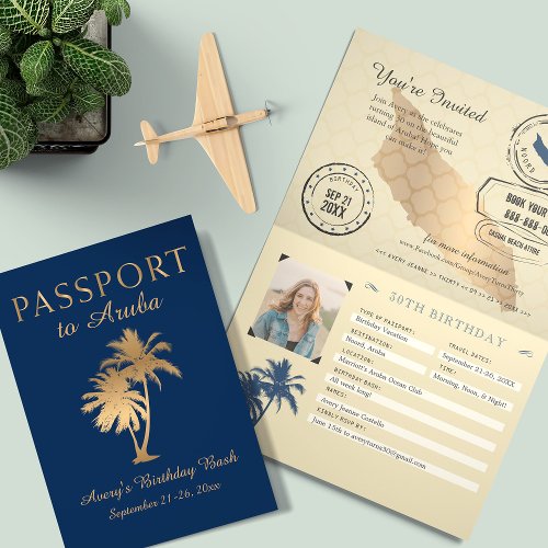 Blue Faux Gold Foil Aruba Passport Birthday Invitation