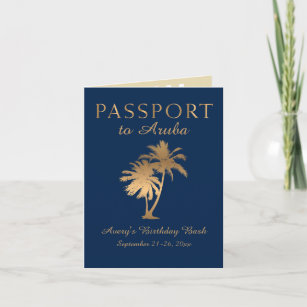 Blue Faux Gold Foil Aruba Passport Birthday Invitation