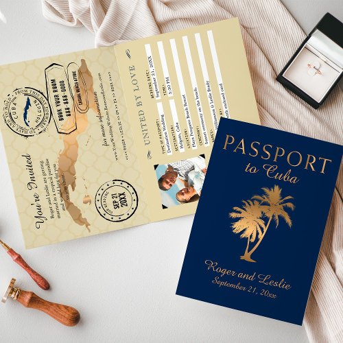 Blue Faux Gold Foil Cuba Wedding Passport Invitation