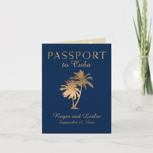Blue Faux Gold Foil Cuba Wedding Passport Invitation