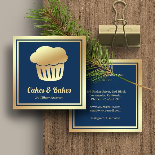 Blue Faux Gold Foil Homemade Cupcake Bakery Square Business Card