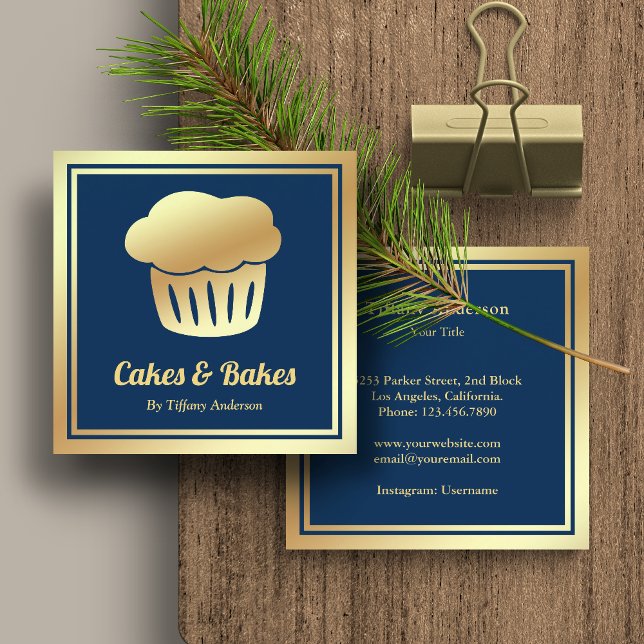 Blue Faux Gold Foil Homemade Cupcake Bakery Square Business Card (Creator Uploaded)