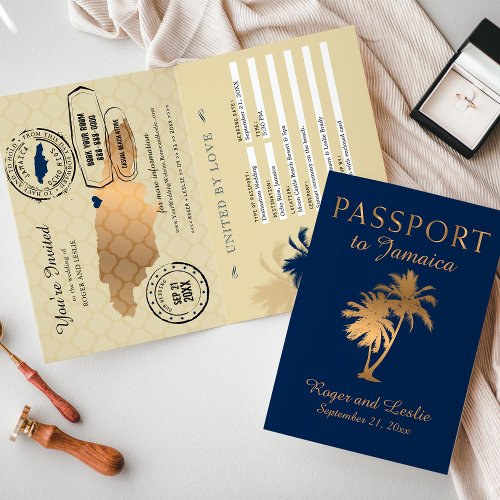 Blue Faux Gold Foil Jamaica Wedding Passport Invit Invitation