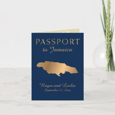 Blue Faux Gold Foil Jamaica Wedding Passport Invitation