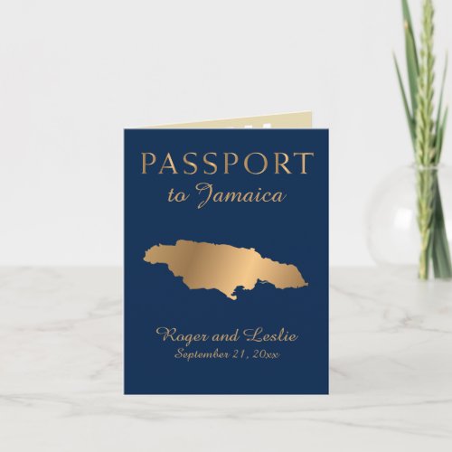 Blue Faux Gold Foil Jamaica Wedding Passport Invitation