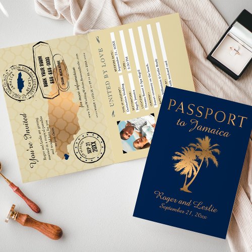 Blue Faux Gold Foil Jamaica Wedding Passport Invitation