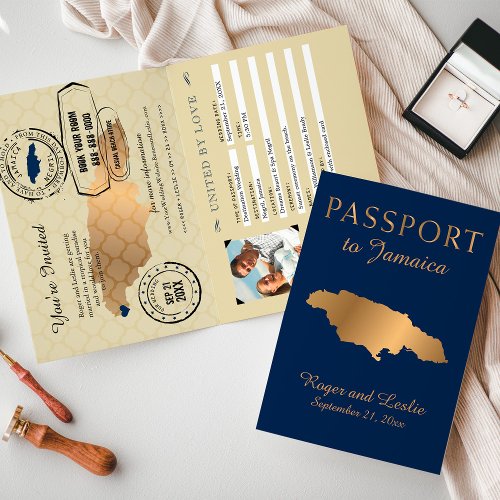 Blue Faux Gold Foil Jamaica Wedding Passport Invitation