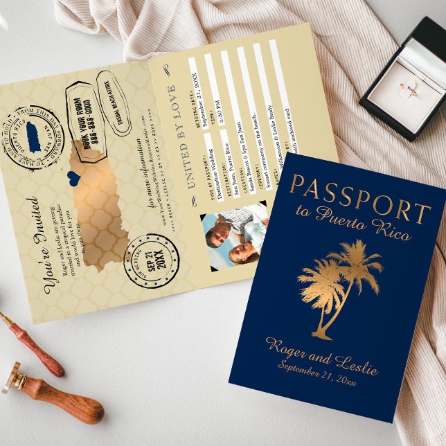 Blue Faux Gold Foil Puerto Rico Wedding Passport Invitation (Creator Uploaded)