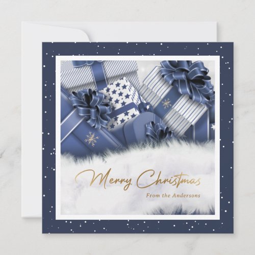 Blue Faux Gold Foil Snow Gifts Christmas Cards