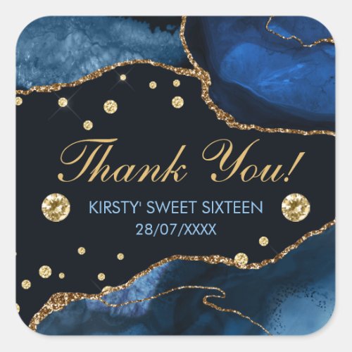 Blue  Faux Gold Glitter Agate Sweet 16 Square Sticker