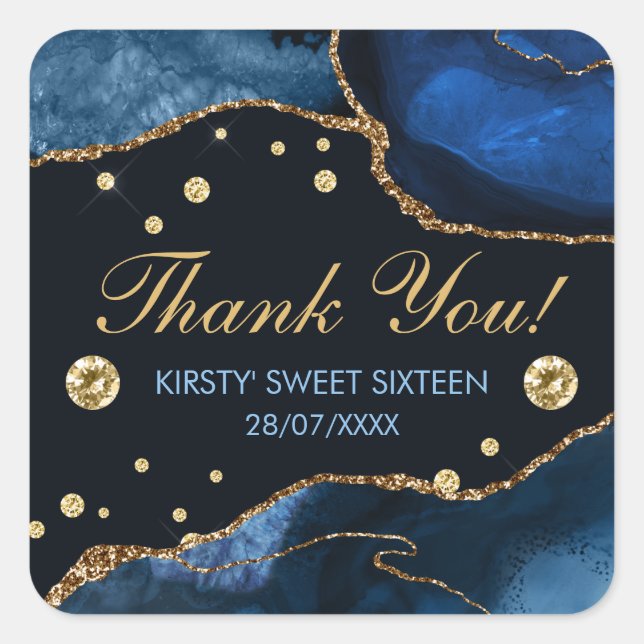 Blue & Faux Gold Glitter Agate Sweet 16 Square Sticker (Front)