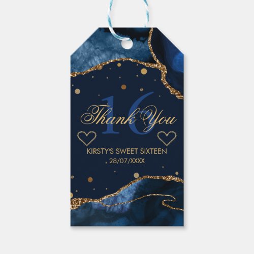 Blue  Faux Gold Glitter Agate Sweet 16 Thank You Gift Tags