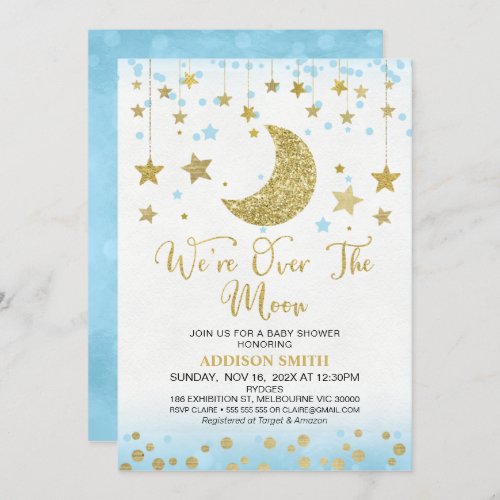 Blue Faux Gold Glitter Over The Moon Baby Shower Invitation