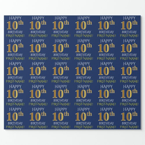 Blue Faux Gold HAPPY 10th BIRTHDAY Wrapping Paper