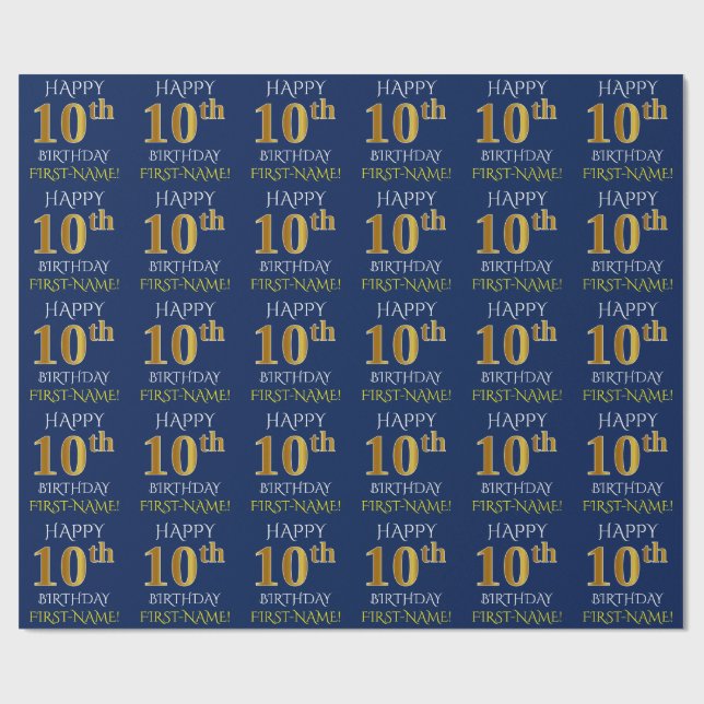 Blue, Faux Gold "HAPPY 10th BIRTHDAY" Wrapping Paper (Flat)