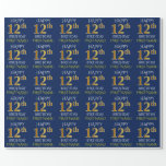 [ Thumbnail: Blue, Faux Gold "Happy 12th Birthday" Wrapping Paper ]