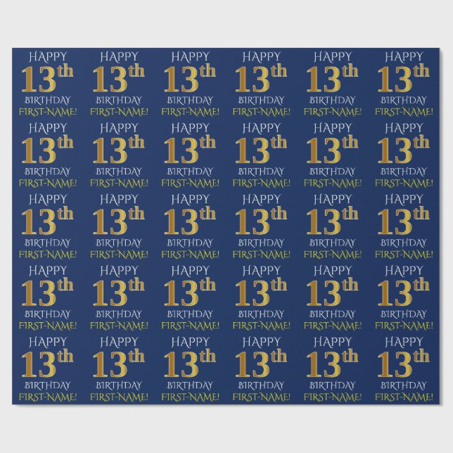 Blue, Faux Gold "HAPPY 13th BIRTHDAY" Wrapping Paper (Flat)