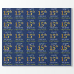[ Thumbnail: Blue, Faux Gold "Happy 15th Birthday" Wrapping Paper ]