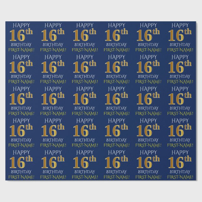 Blue, Faux Gold "HAPPY 16th BIRTHDAY" Wrapping Paper (Flat)