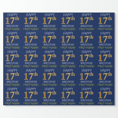 Blue Faux Gold HAPPY 17th BIRTHDAY Wrapping Paper